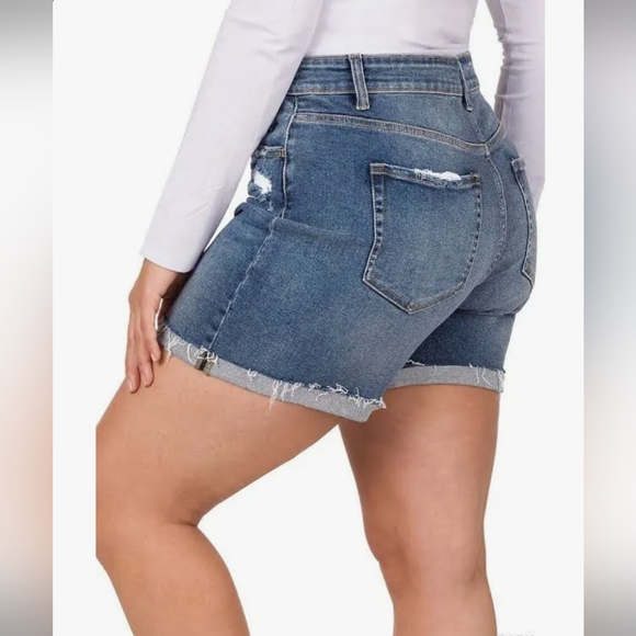 (Light Blue)Zenana Distressed Cuffed Raw Hem Denim Shorts - Picture 1 of 7